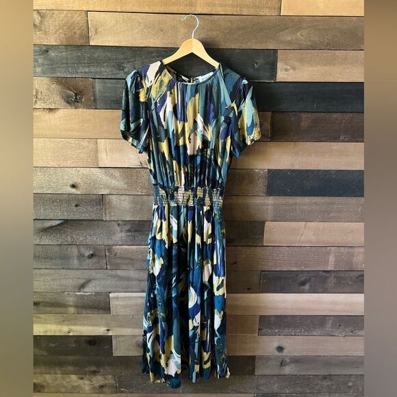 Evereve Dresses & Skirts - Evereve Abstract Print Elastic Waist Midi Dress Short Sleeve Size S Made in USA